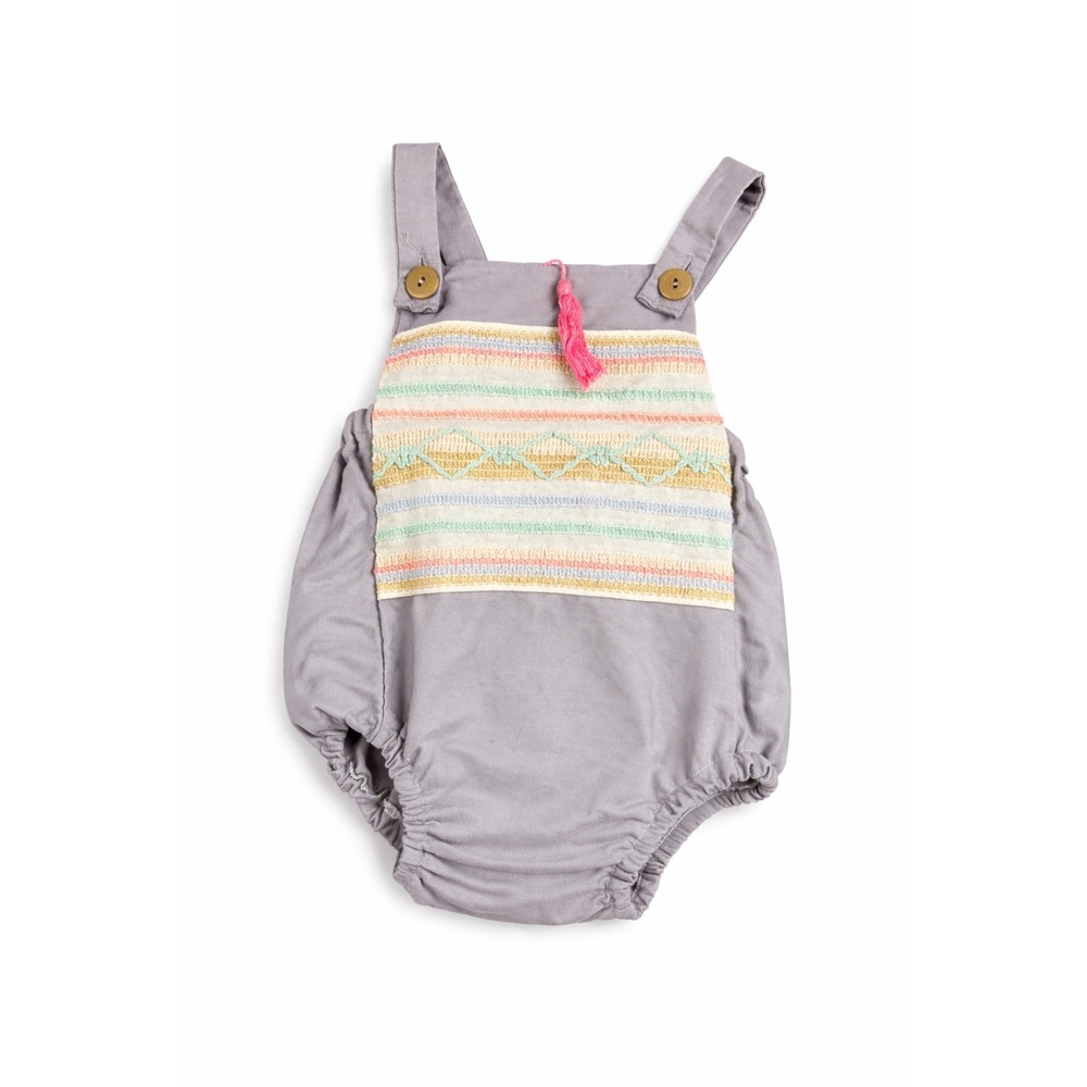 SeaBaby Gray Embroidered Bubble Romper Sleeveless‎ Tassel Detail Baby One Piece